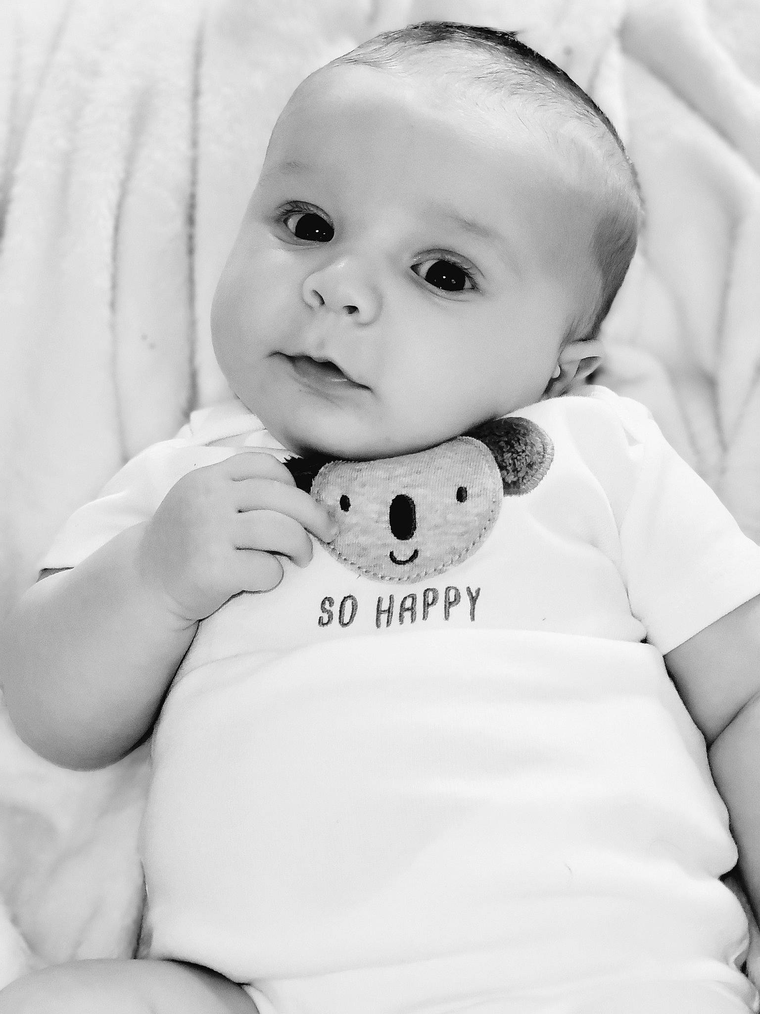 Gunner joined the competition — help win amazing prizes! baby, baby_toddler_clothing, cheek, collar, comfort, eye, eyelash, flash_photography, gesture, grey, happy, human_body, iris, lip, monochrome_photography, person, skin, sleeve, style, toddler