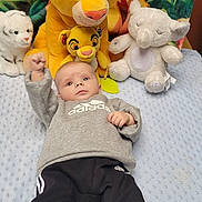 Thiago a rejoint le concours — aidez-le/la à gagner de superbes lots ! baby, infant, plush_toy, stuffed_animal, simba, lion, elephant, blanket, blue, clothing, sneakers, child, indoor, soft_toy, adorable, toy, person, smiling_toy, background, cute