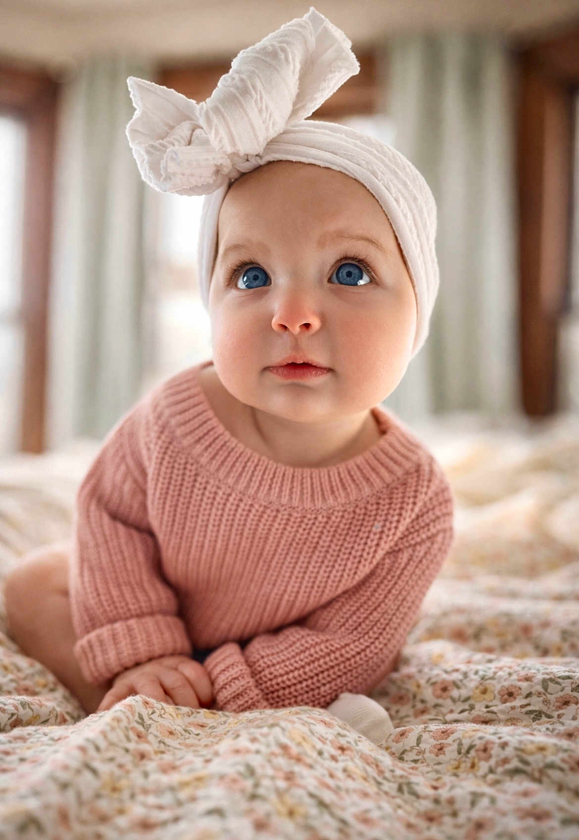 Juni is registered to the contest to win money with this photo: baby, infant, blue_eyes, headwrap, white_headband, pink_sweater, knitwear, cute, child, portrait, indoor, soft_light, bed, blanket, floral_pattern, hands, face, expression, sitting, window