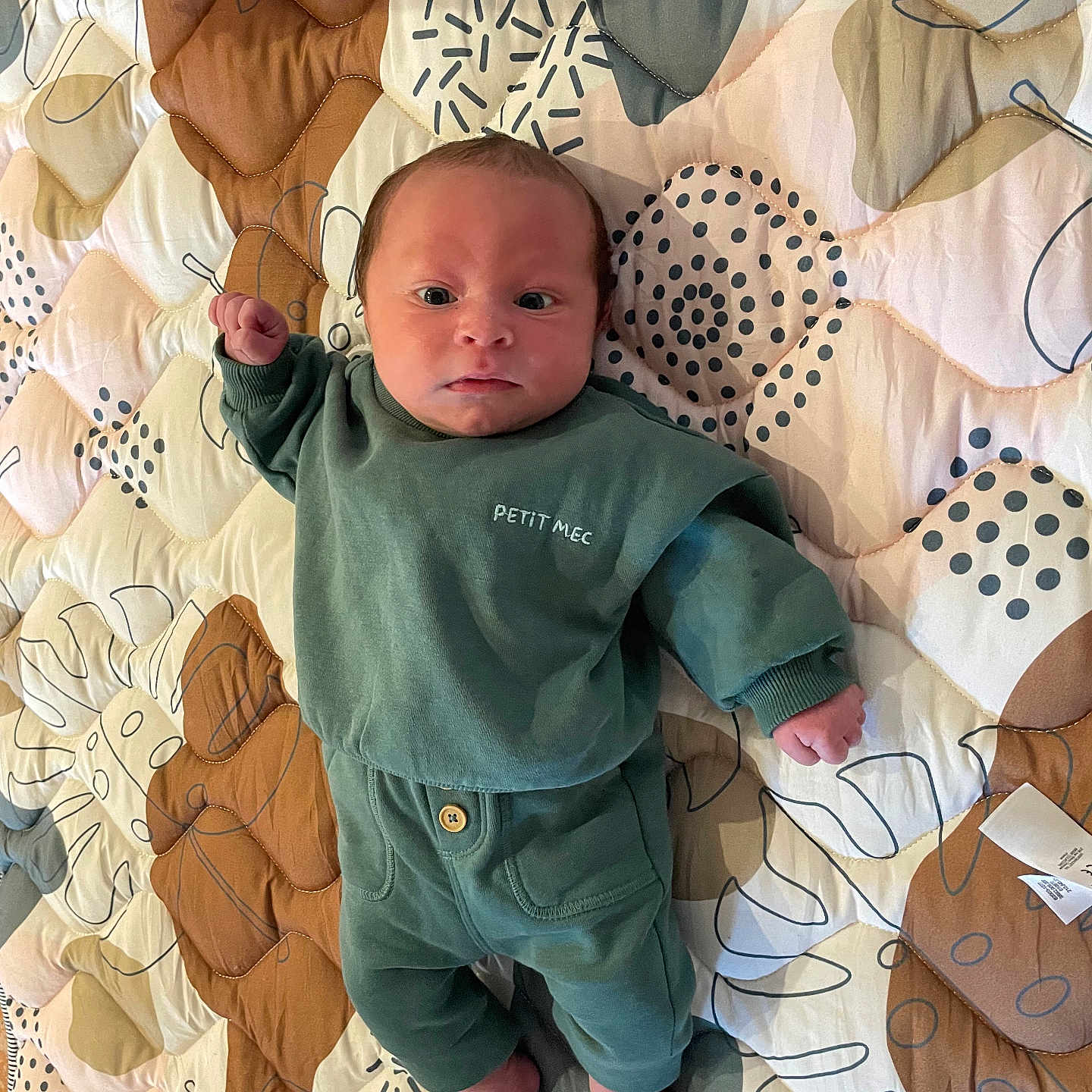 Loé a rejoint le concours — aidez-le/la à gagner de superbes lots ! baby, barefoot, child, cute, expression, face, green_clothing, head, indoor, infant, lying_down, newborn, pants, patterned_bedspread, portrait, quilt, sleepwear, small_feet, small_hands, sweatshirt