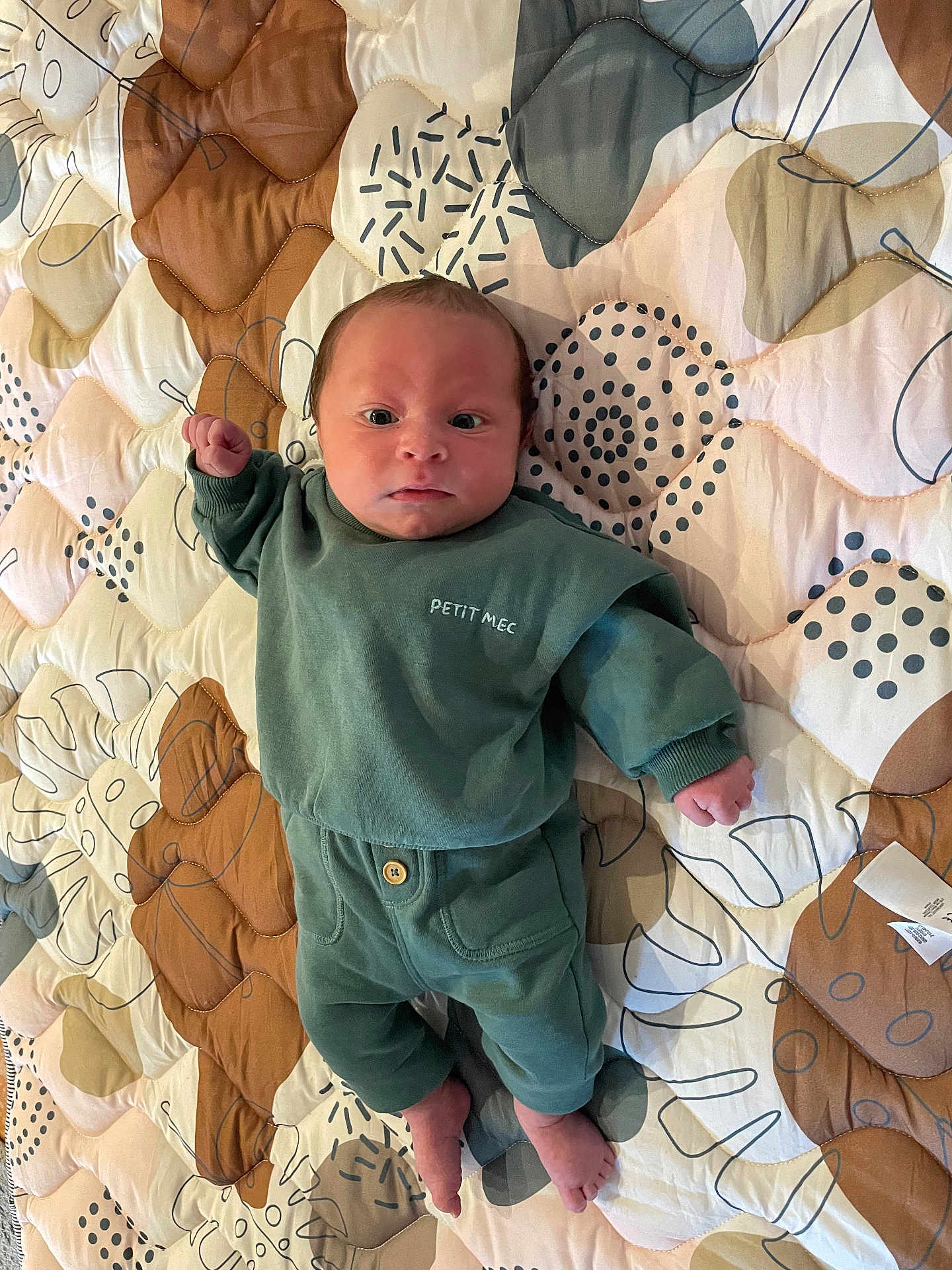 Loé a rejoint le concours — aidez-le/la à gagner de superbes lots ! baby, infant, child, green_clothing, sweatshirt, pants, barefoot, quilt, patterned_bedspread, lying_down, indoor, portrait, cute, small_hands, small_feet, expression, face, head, newborn, sleepwear
