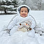 baby, blanket, child, cold, cute, face, happy, hood, nature, outdoor, person, playful, plush_toy, seasonal, smile, snow, snowman, snowsuit, trees, winter