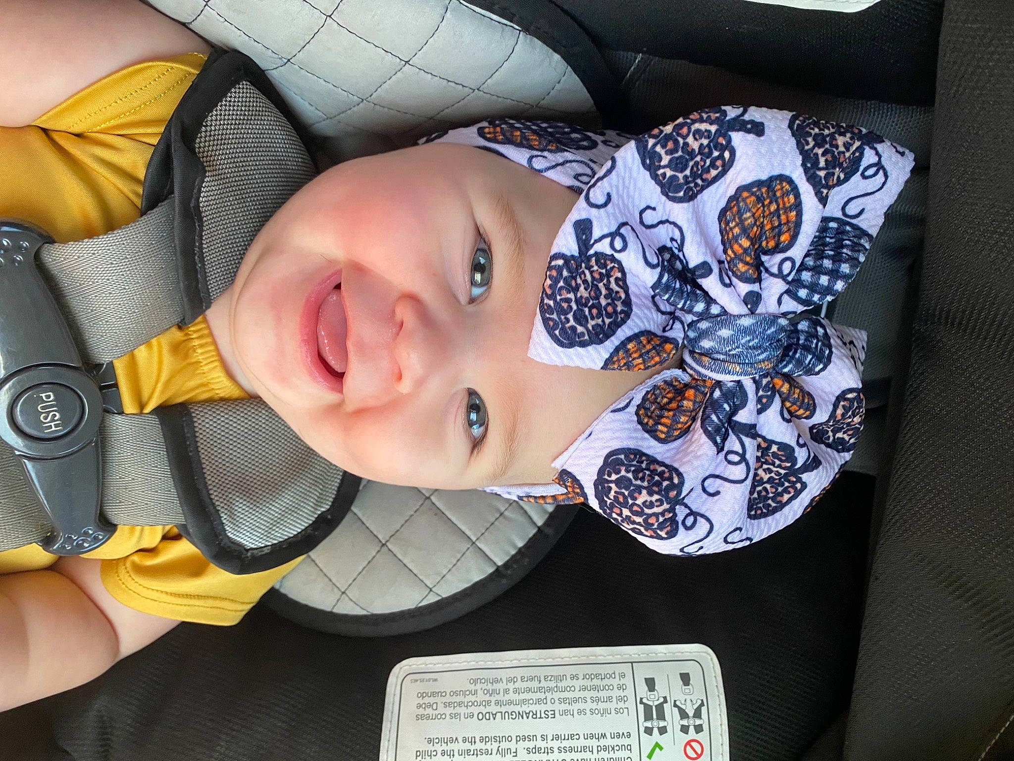 Braylee is registered to the contest to win money with this photo: auto_part, baby, baby_products, baby_toddler_clothing, car_seat, cheek, child, comfort, eye, eyelash, fashion_accessory, happy, hat, head, headgear, headwear, pattern, person, sleeve, smile