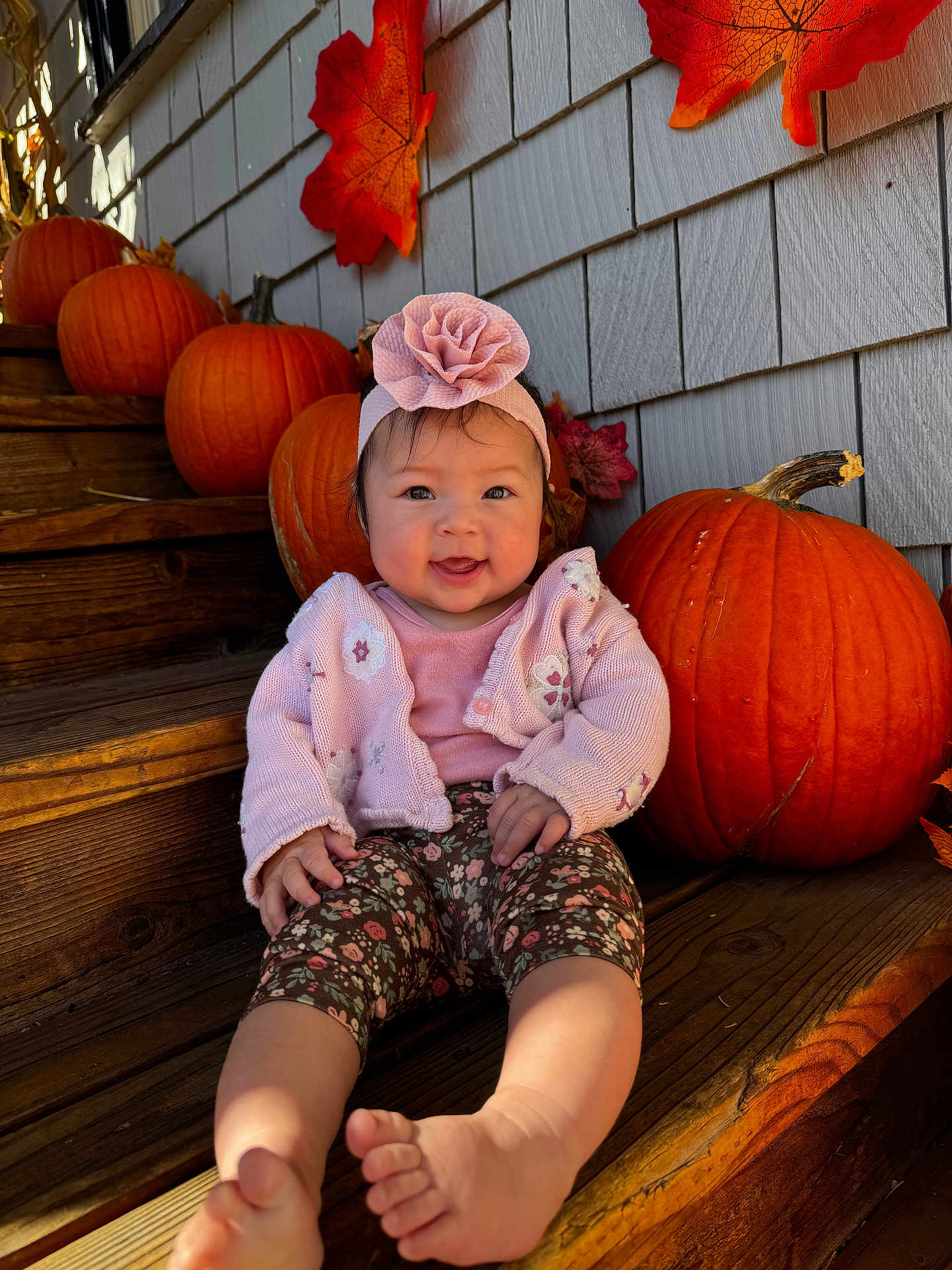 Lily joined the competition — help win amazing prizes! baby, child, pumpkin, autumn, fall, flower_headband, pink_clothing, smiling, wooden_steps, orange, leaf_decor, outdoor, sunlight, cute, sitting, headband, leggings, seasonal, holiday, portrait