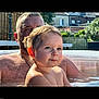 adult, backyard, child, daylight, face, family, fence, house, nature, outdoor, person, pool, portrait, relaxation, skin, summer, sunlight, toddler, water, wet_hair