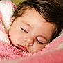 baby, sleeping, blanket, pink, white, face, closeup, soft, hair, child, peaceful, cozy, portrait, infant, rest, cute, warm, comfort, eyelashes, skin