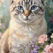 Sally Car joined the competition — help win amazing prizes! cat, feline, blue_eyes, portrait, floral_background, flowers, pastel_colors, painterly, digital_art, illustration, whiskers, fur, striped_fur, ears, sitting, front_facing, garden, botanical, decorative, watermark
