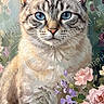 cat, feline, blue_eyes, portrait, floral_background, flowers, pastel_colors, painterly, digital_art, illustration, whiskers, fur, striped_fur, ears, sitting, front_facing, garden, botanical, decorative, watermark