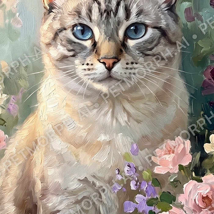 Sally Car joined the competition — help win amazing prizes! cat, feline, blue_eyes, portrait, floral_background, flowers, pastel_colors, painterly, digital_art, illustration, whiskers, fur, striped_fur, ears, sitting, front_facing, garden, botanical, decorative, watermark