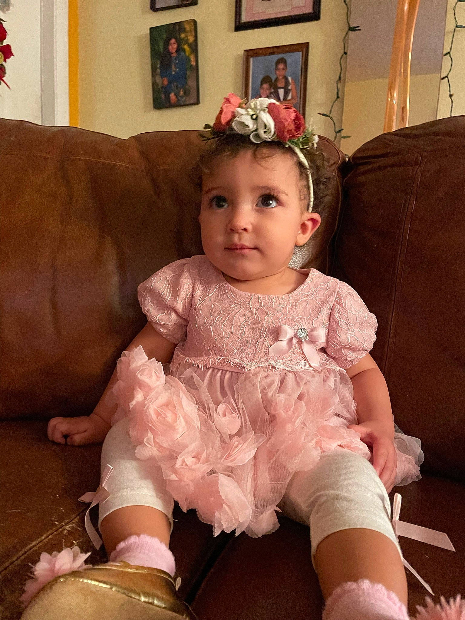 Willow joined the competition — help win amazing prizes! baby_toddler_clothing, child, costume_hat, couch, day_dress, embellishment, fashion, fashion_accessory, fashion_design, human_leg, jewellery, knee, peach, person, picture_frame, pink, sitting, sleeve, sock, thigh