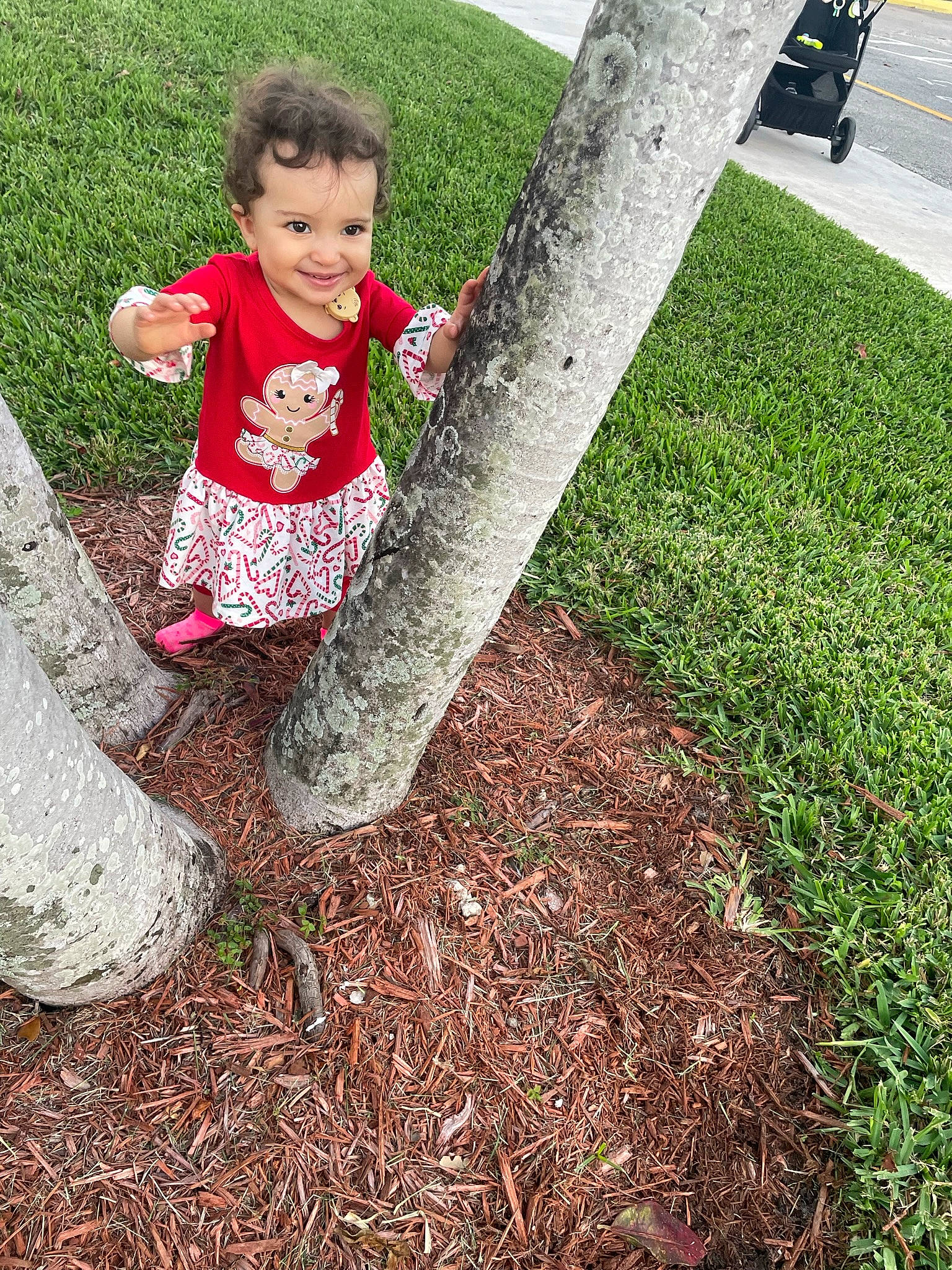 Willow joined the competition — help win amazing prizes! child, deciduous, fun, garden, gesture, grass, groundcover, happy, joy, leisure, people_in_nature, person, plant, recreation, sitting, smile, soil, tire, toddler, tree