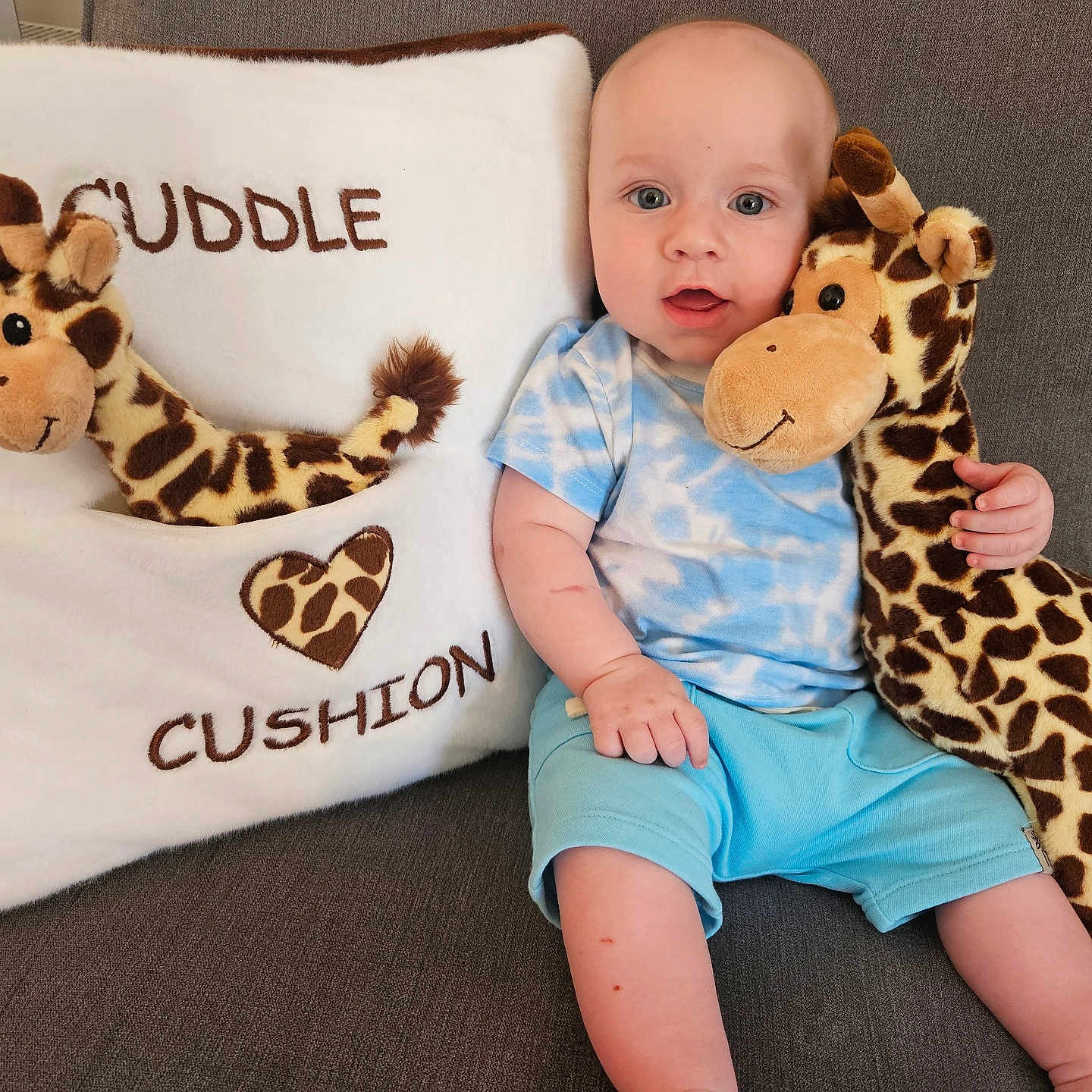 Brody joined the competition — help win amazing prizes! baby, blue_shorts, child, couch, cozy, cushion, cute, fabric, face, giraffe, hand, homedecor, indoor, infant, light, plush_toy, seated, smiling, soft_toy, tie_dye_shirt