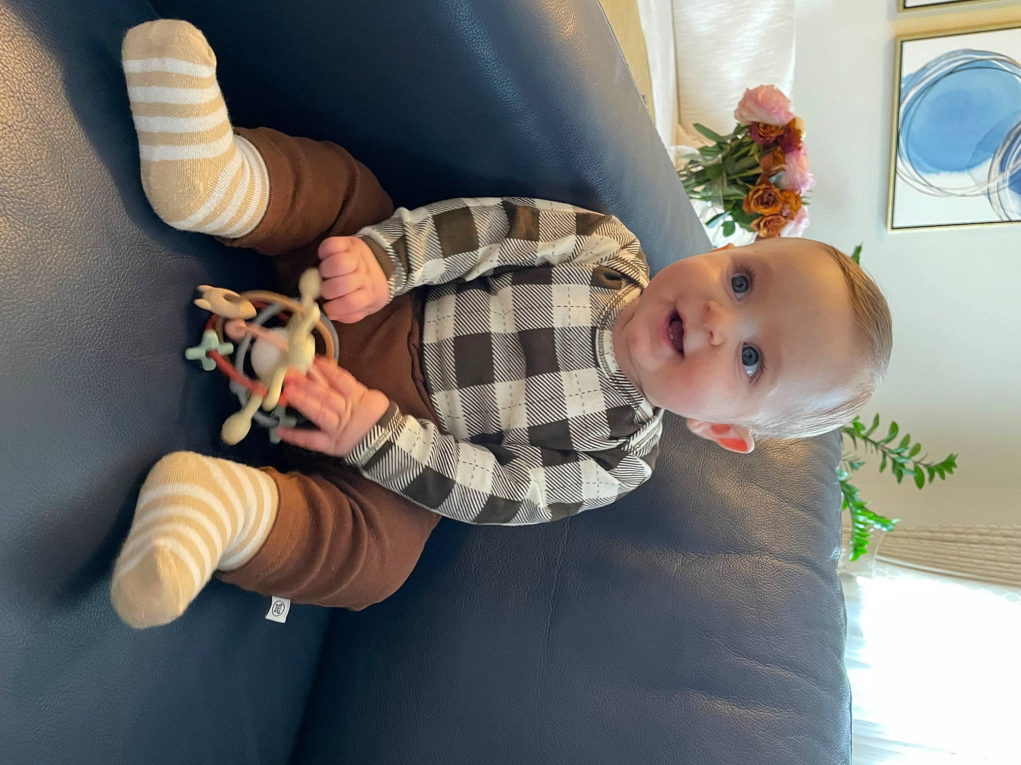 Liam is registered to the contest to win money with this photo: baby, child, comfort, elbow, gesture, human_leg, joy, knee, nail, person, plant, skin, sleeve, smile, sock, textile, thigh, thumb, toddler, toy