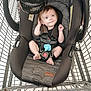 baby, car_seat, shopping_cart, infant, child, seatbelt, fan, blue_pacifier, metal_cart, retail, store, cute, safety, young_child, face, expression, indoor, clothing, head_support, foot