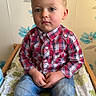 Swann a rejoint le concours — aidez-le/la à gagner de superbes lots ! toddler, child, plaid_shirt, blue_jeans, sitting, indoor, cushion, wooden_bed, floral_wallpaper, patterned_bedding, cute, young_child, portrait, casual_clothing, hands_together, curly_hair, light_skin, serious_expression, home_interior, young_boy