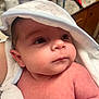 baby, infant, face, skin, towel, hood, eyes, indoor, closeup, person, newborn, cute, portrait, child, soft_lighting, expression, wrapped, skin_texture, head, small