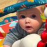 baby, child, face, eyes, toy, play_gym, colorful, curious, indoors, infant, clothing, hand, floor, pattern, expression, young, person, cute, closeup, head