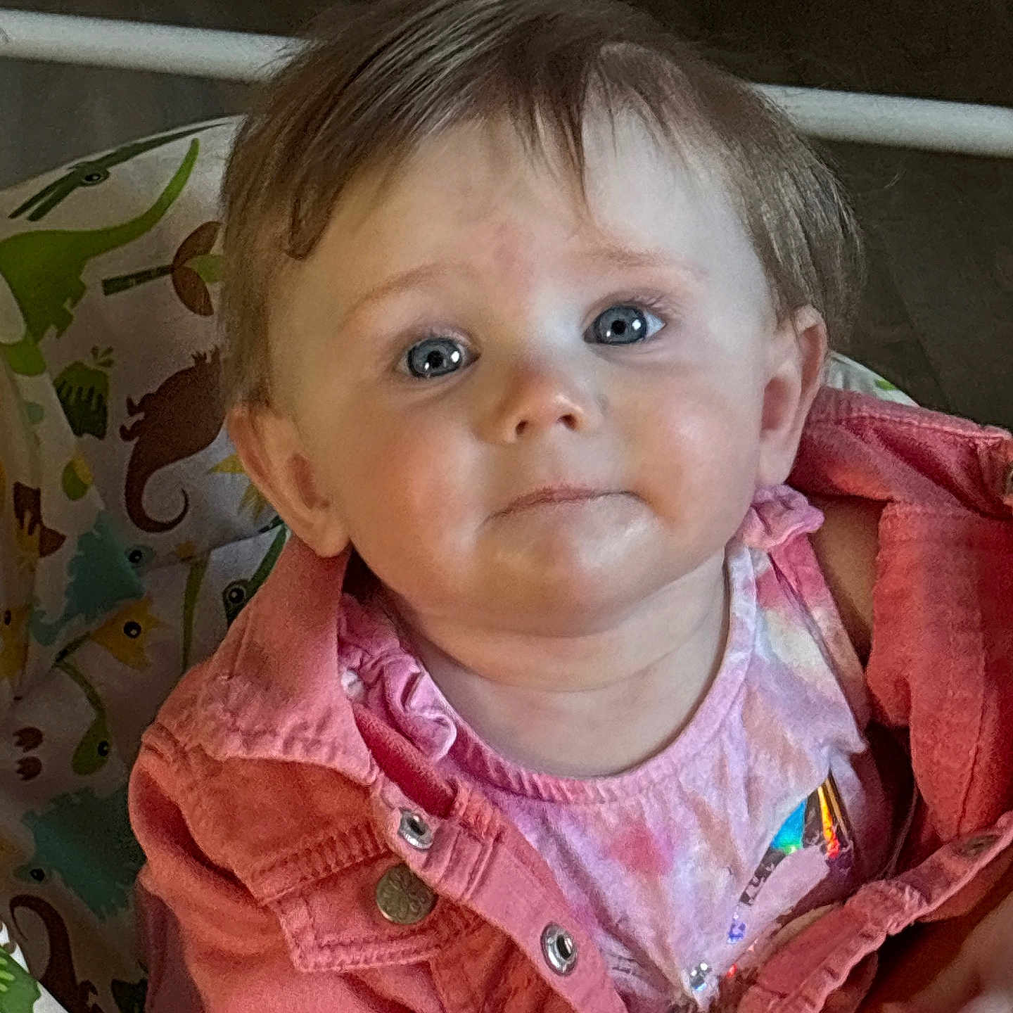 Thaïly participe au concours pour gagner de l'argent avec cette photo : toddler, child, baby, pink_jacket, blue_eyes, curious_expression, indoor, dinosaur_pattern, seat, colorful, clothing, face, portrait, cute, young_child, person, soft_light, casual, candid, closeup