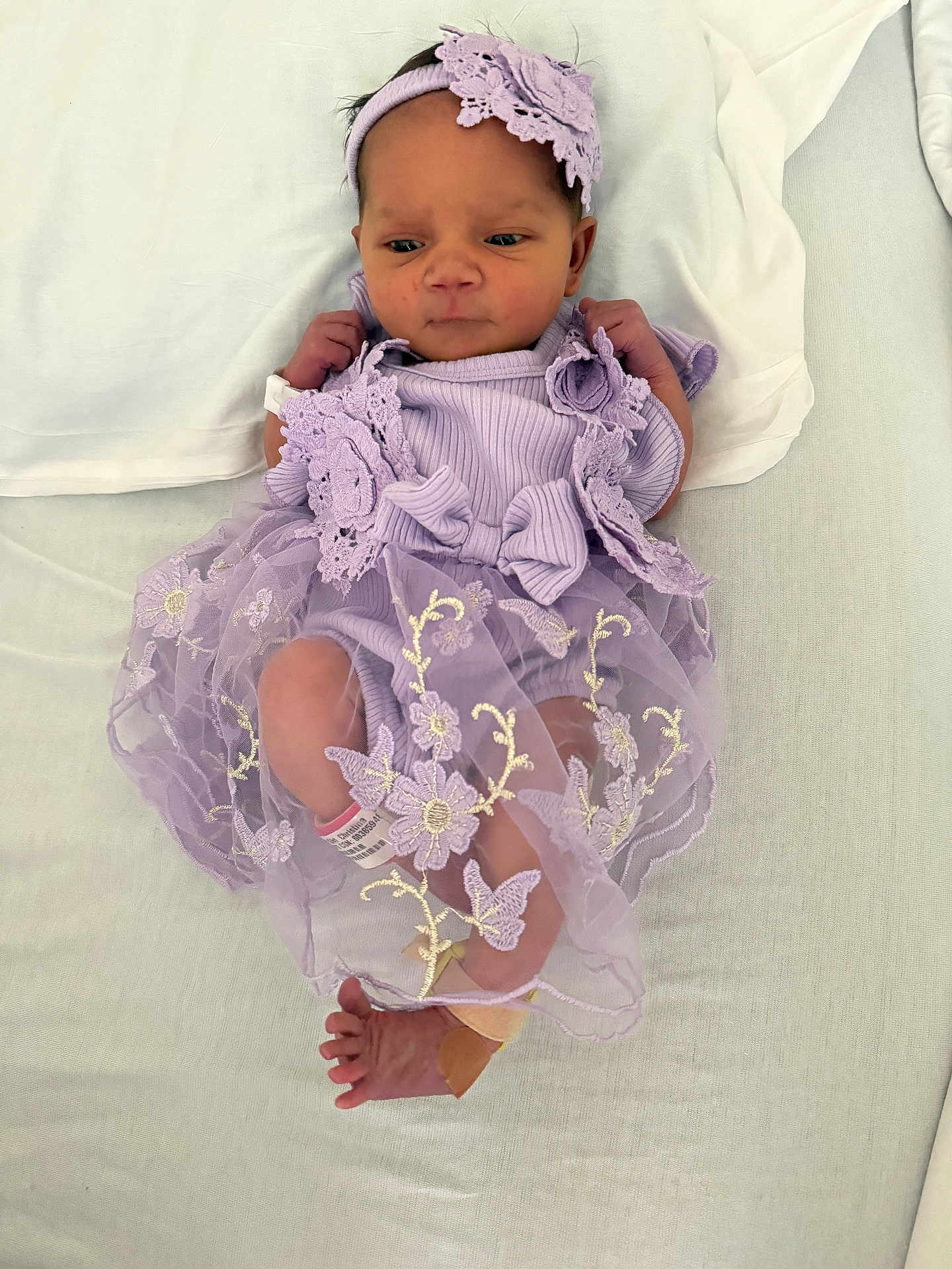 Kinsley joined the competition — help win amazing prizes! newborn, baby, infant, purple_dress, headband, blanket, lying_down, cute, small_feet, baby_clothing, floral_embroidery, bandage, hospital_band, indoors, portrait, resting, baby_face, soft_light, peaceful, adorable