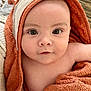 baby, child, towel, hood, close_up, face, eyes, skin, infant, person, portrait, cozy, orange, texture, cute, looking, young, wrapped, soft, indoor