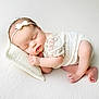 baby, newborn, sleeping, infant, white, lace, headband, pillow, blanket, soft, peaceful, cute, resting, toddler, skin, hand, foot, closeup, portrait, child
