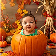 Mia is registered to the contest to win money with this photo: baby, pumpkin, autumn_leaves, fall, child, cute, portrait, decorations, orange, harvest, holiday, festive, smiling, indoor, seasonal, happy, person, background, wood_floor, green_clothing