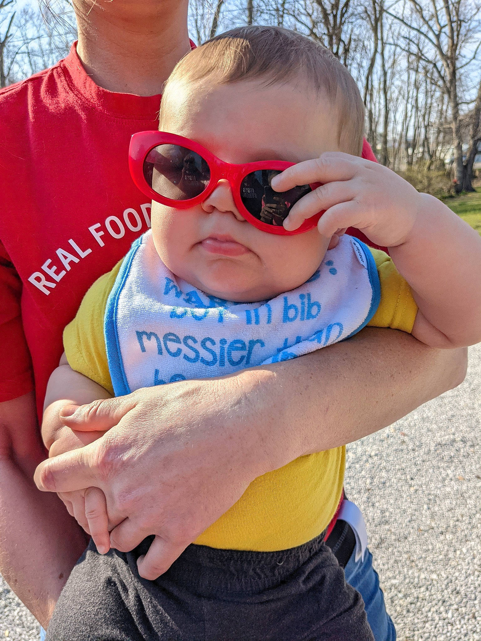 Tucker joined the competition — help win amazing prizes! arm, cool, eyewear, face, finger, gesture, glasses, goggles, grass, hairstyle, hand, happy, interaction, muscle, person, plant, product, shoulder, sunglasses, tree