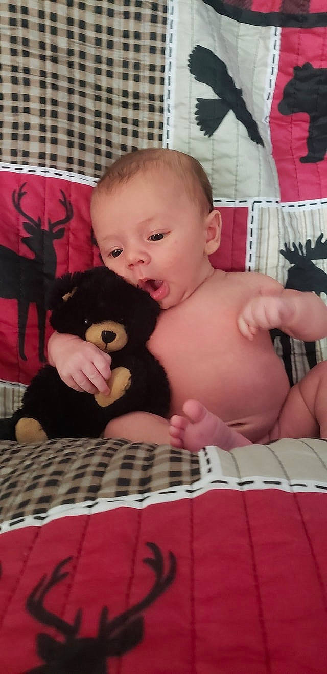 Kenton joined the competition — help win amazing prizes! baby, black_hair, cheek, child, eye, face, head, leg, linens, muscle, person, pink, product, room, skin, stuffed_toy, teddy_bear, textile, thigh, toddler