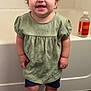 toddler, child, smile, green_dress, hair_bows, checkered_shoes, bathroom, bathtub, floor_mat, shorts, standing, happy, indoor, person, cute, small_hands, wall_tiles, skin, socks, eyebrows