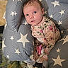 baby, baby_girl, blanket, child, comfort, cozy, cushion, cute, face, floral_clothing, indoor, infant, looking_up, portrait, resting, seated, soft, star_pattern, toy, young_child