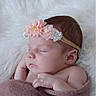 adorable, baby, blanket, child, closeup, cute, face, flower_headband, fluffy, hand, head, infant, newborn, peaceful, portrait, resting, skin, sleeping, soft_texture, wrapped