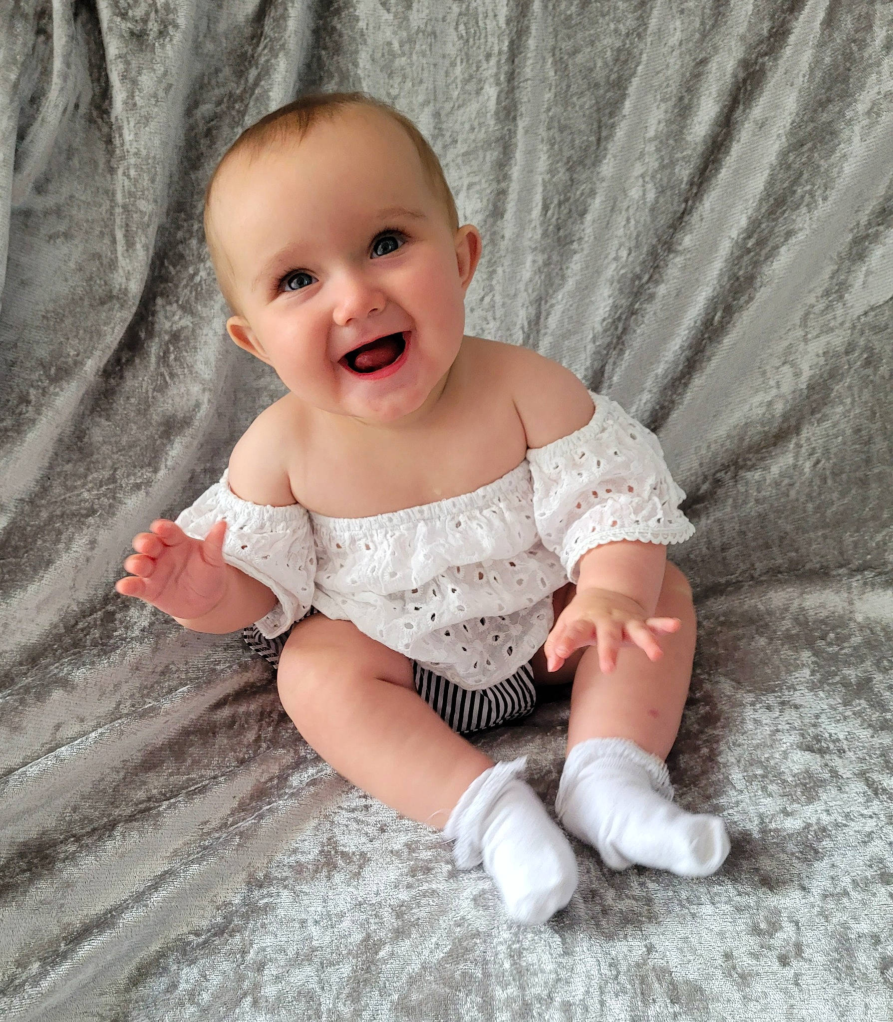 Stella-mae joined the competition — help win amazing prizes! baby, baby_toddler_clothing, comfort, embellishment, eye, face, finger, flash_photography, fun, happy, head, headgear, iris, joy, pattern, person, pink, skin, sleeve, smile