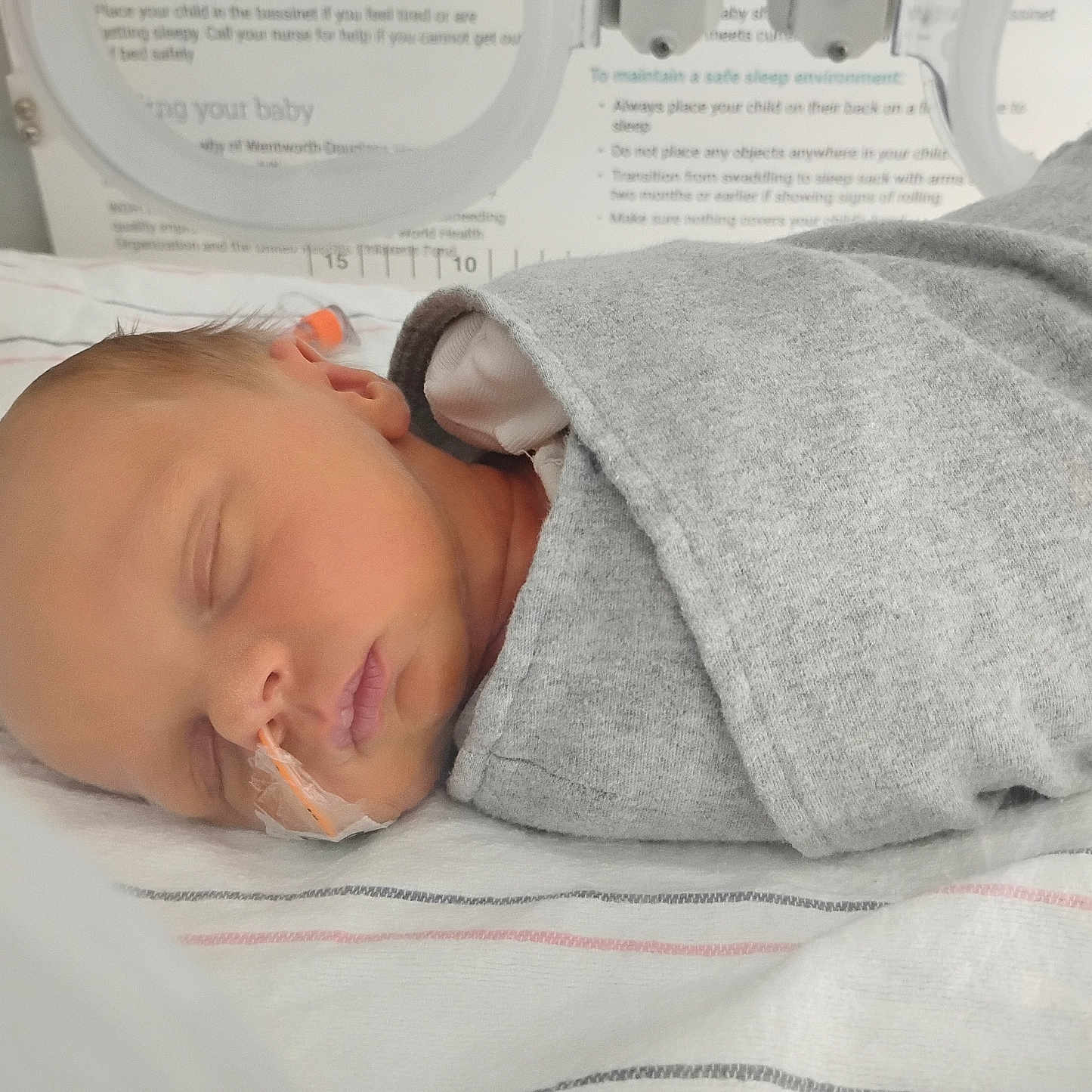 Jameson joined the competition — help win amazing prizes! newborn, baby, sleeping, hospital, blanket, swaddled, medical, nasaltube, infant, bed, striped_sheet, peaceful, healthcare, patient, cute, child, resting, indoors, soft_light, portrait