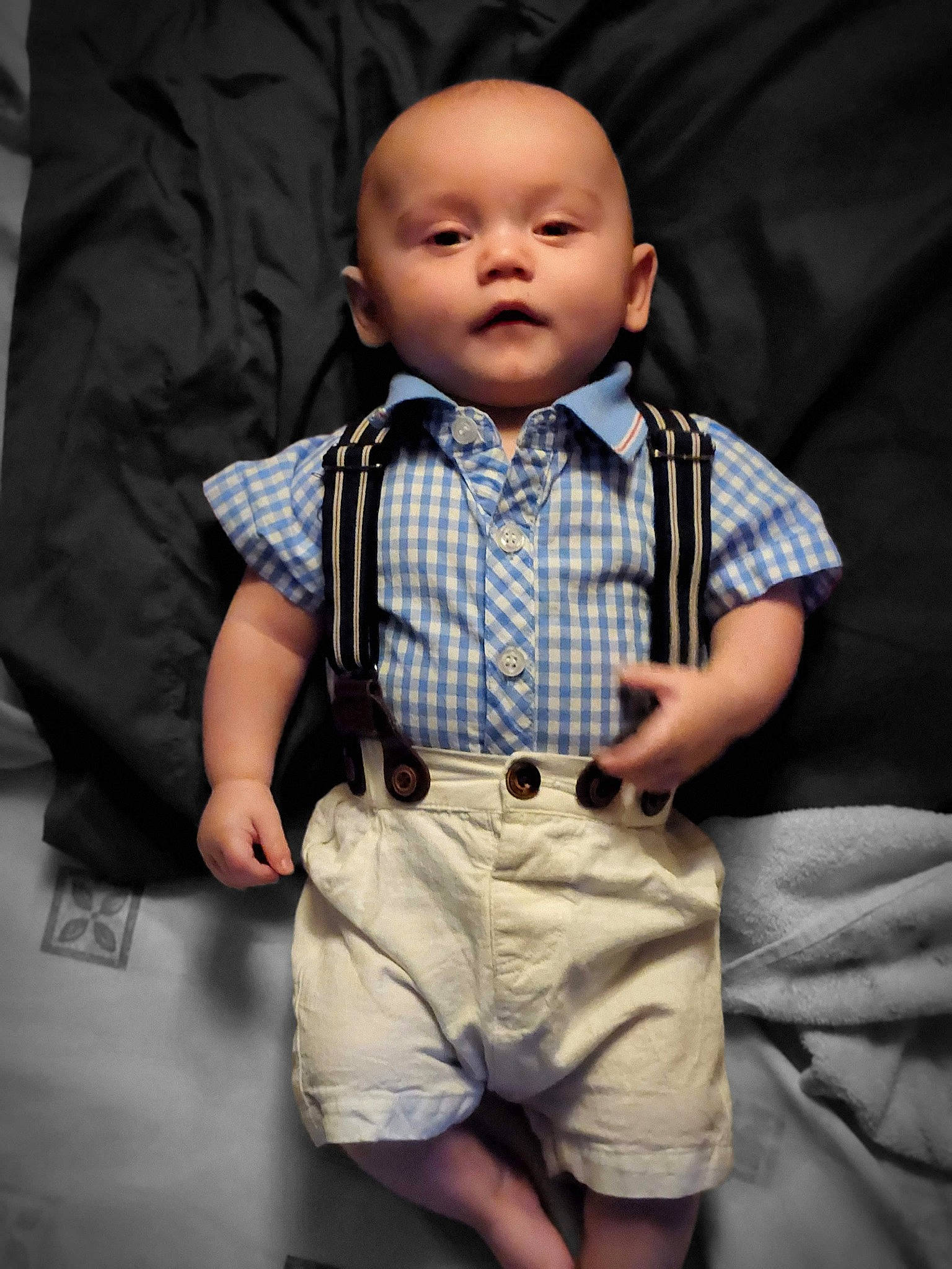 Kamrynn is registered to the contest to win money with this photo: baby, baby_toddler_clothing, button, cheek, child, collar, denim, dress_shirt, flash_photography, formal_wear, human, outerwear, pattern, person, plaid, shorts, skin, sleeve, t_shirt, tie