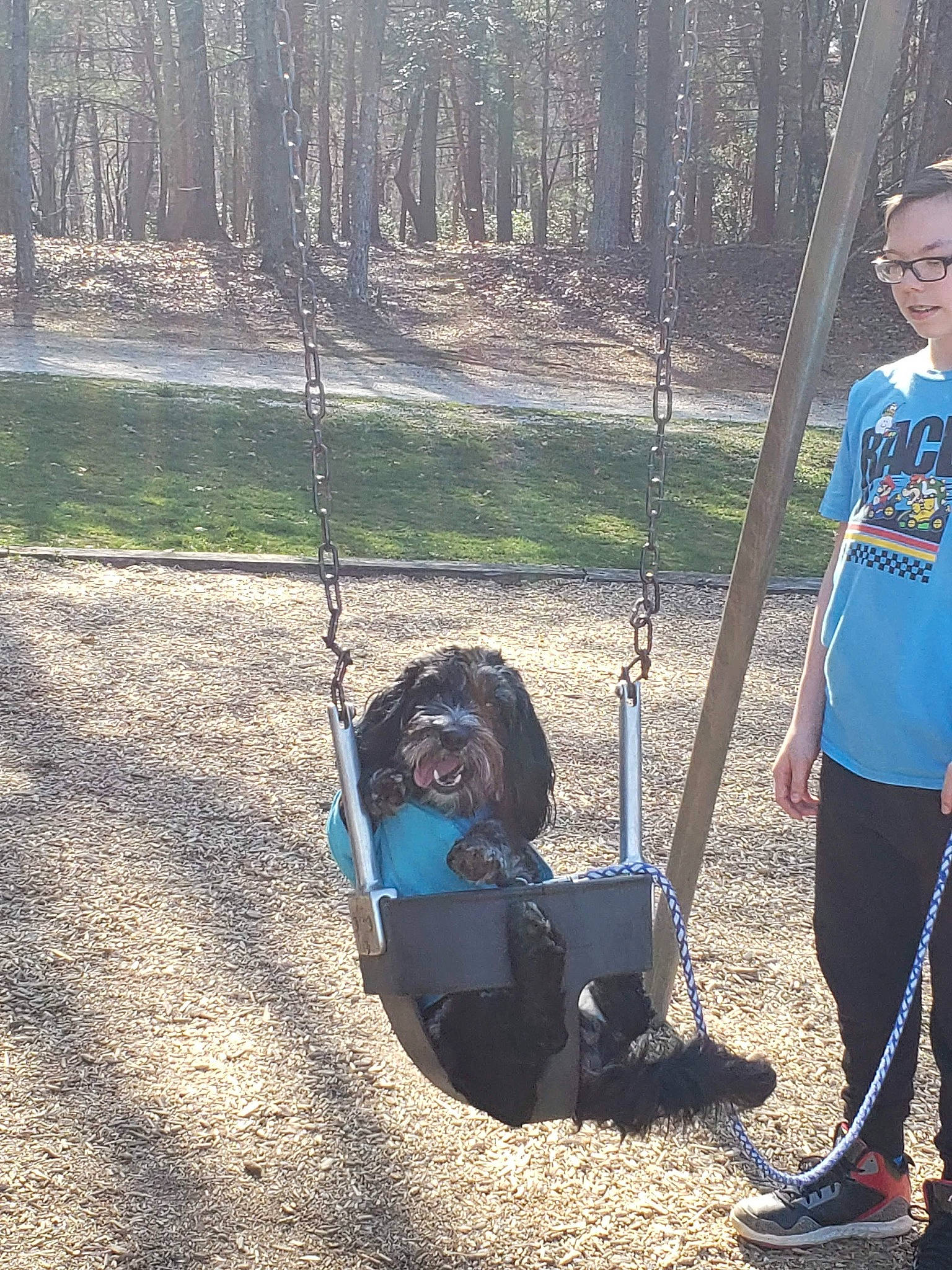 Duke Hunter Goad joined the competition — help win amazing prizes! city, electric_blue, fun, grass, leaf, leisure, outdoor_play_equipment, outdoor_recreation, people_in_nature, plant, play, playground, recreation, shade, shorts, soil, swing, toddler, tree, woody_plant