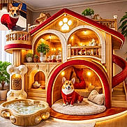 Lucky is registered to the contest to win money with this photo: corgi, dog, dog_house, plush_bed, red_sweater, wooden_structure, indoor, plant, water_bowl, slide, lighting, potted_plant, pet_accessory, cozy, furniture, happy, pet, cute, animal, home_interior