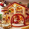 corgi, dog, dog_house, plush_bed, red_sweater, wooden_structure, indoor, plant, water_bowl, slide, lighting, potted_plant, pet_accessory, cozy, furniture, happy, pet, cute, animal, home_interior