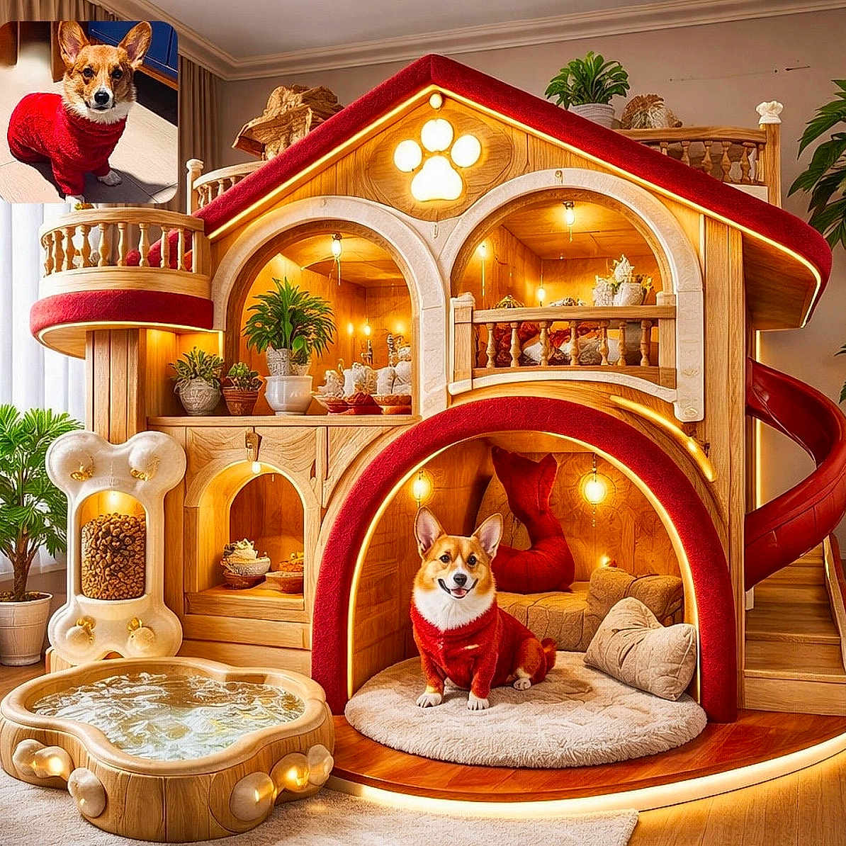 Lucky is registered to the contest to win money with this photo: corgi, dog, dog_house, plush_bed, red_sweater, wooden_structure, indoor, plant, water_bowl, slide, lighting, potted_plant, pet_accessory, cozy, furniture, happy, pet, cute, animal, home_interior