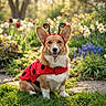 Lucky joined the competition — help win amazing prizes! animal, corgi, costume, cute, dog, flowers, garden, grass, greenery, happy, headband, ladybug, nature, outdoor, pet, portrait, small_dog, smiling, spring, sunlight