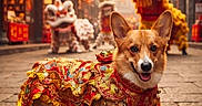 Lucky is registered to the contest to win money with this photo: animal, blurred_background, celebration, corgi, costume, cute, dog, festival, festive, lanterns, lion_dance, outdoor, performers, pet, red, smiling, stone_pavement, street, traditional_clothing, yellow