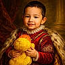 Daniyal is registered to the contest to win money with this photo: background_painting, child, classic_style, column, cute, decorative_embroidery, face, fur_cape, hands, happy, historical_costume, indoor, lace_collar, plush_toy, portrait, red_clothing, smile, toy, yellow_duck, young_boy