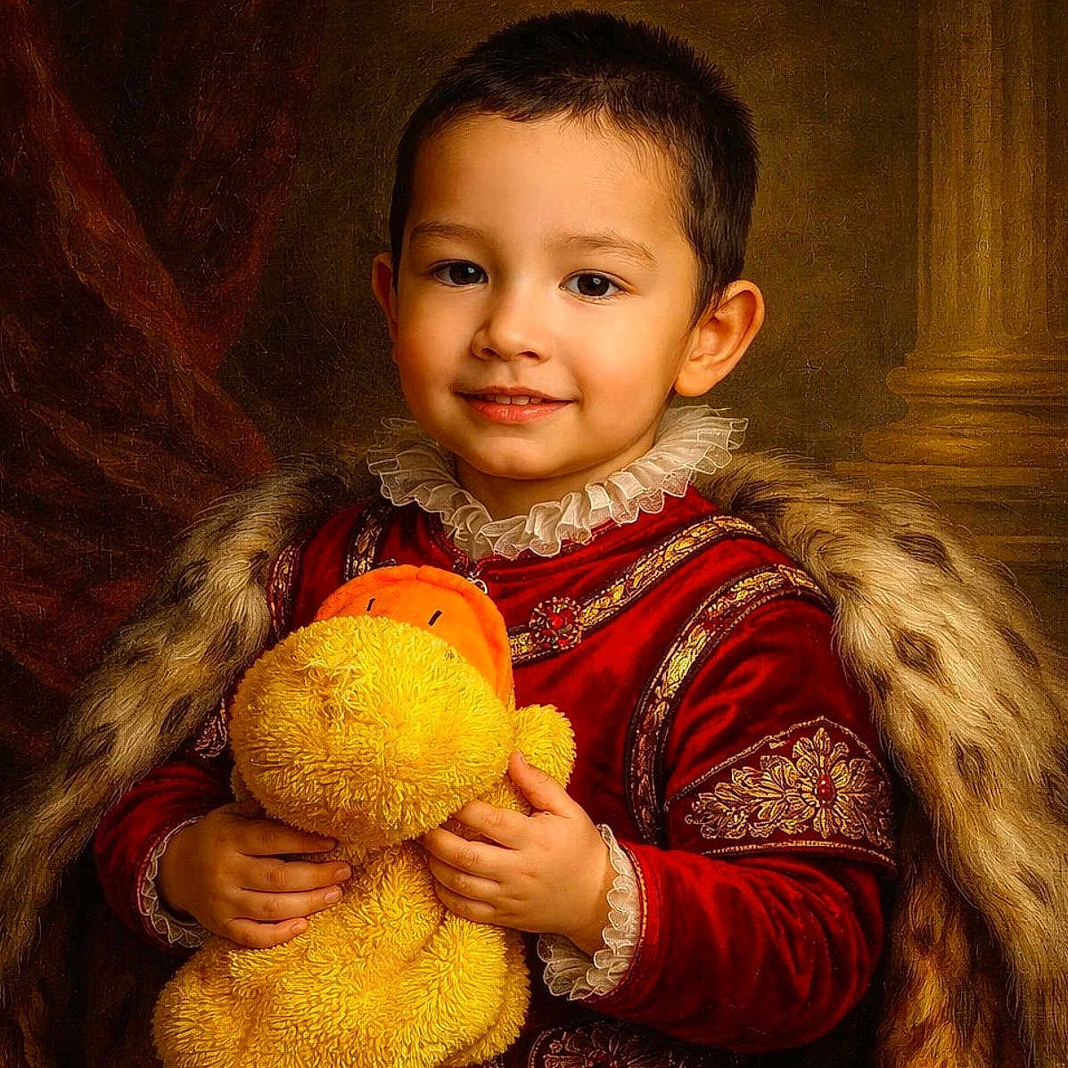 Daniyal is registered to the contest to win money with this photo: child, portrait, smile, plush_toy, yellow_duck, fur_cape, red_clothing, lace_collar, young_boy, indoor, classic_style, historical_costume, decorative_embroidery, column, background_painting, hands, face, happy, cute, toy