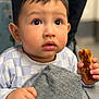 toddler, child, face, eyes, blanket, pizza, food, hand, curious, expression, portrait, indoor, clothing, young, person, cute, closeup, baby, skin, hair