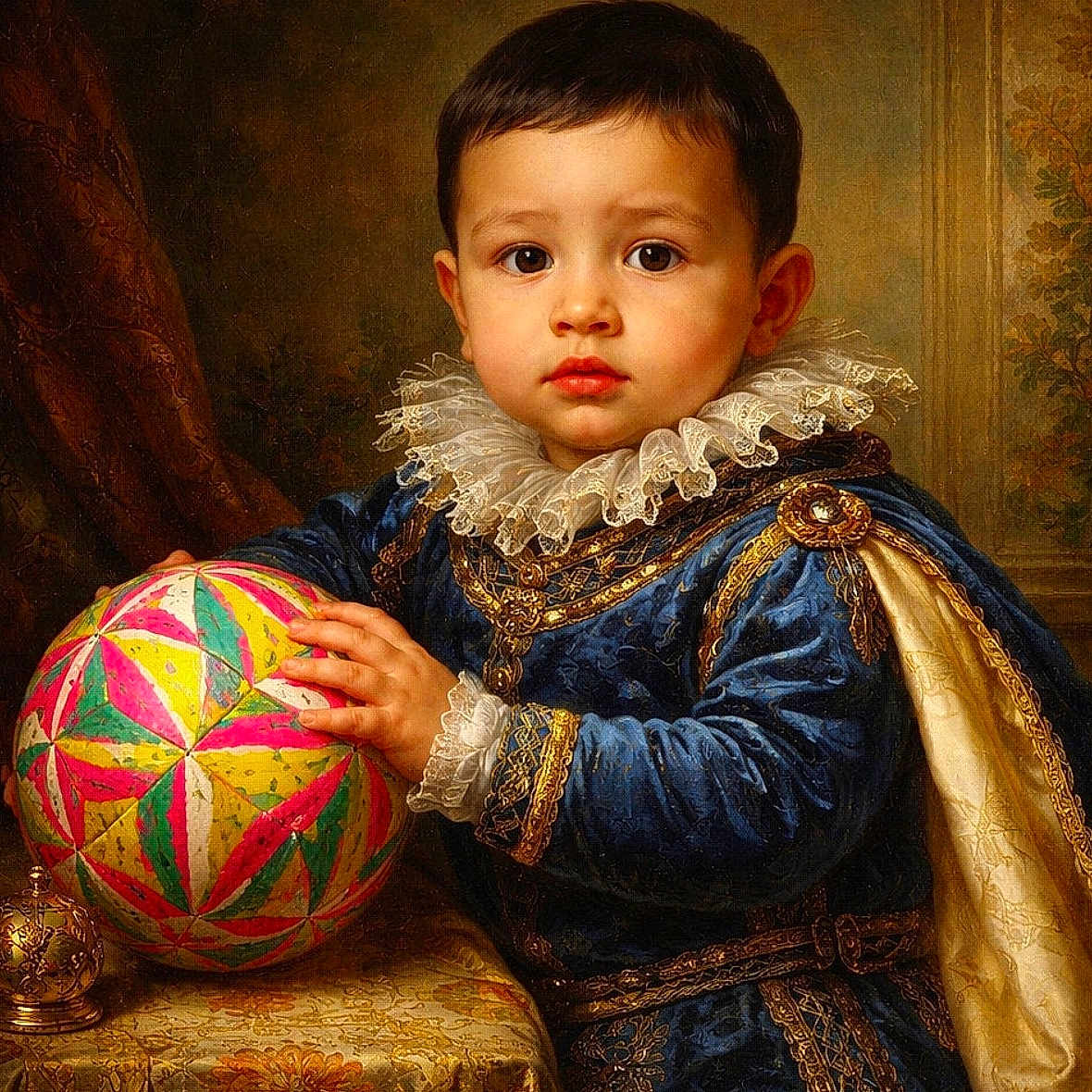 Daniyal joined the competition — help win amazing prizes! child, portrait, royal_clothing, ruffled_collar, blue_garment, gold_trim, colorful_ball, tablecloth, classic_style, indoor, young_boy, historical_costume, hands, face, serious_expression, decorative_background, ornate, vintage_style, luxury, textile