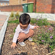 Daniyal is registered to the contest to win money with this photo: toddler, child, outdoor, garden, soil, plants, flowers, curious, sunlight, brick_wall, bins, nature, exploring, shoes, crouching, young_child, casual_clothing, daytime, greenery, ground