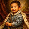 child, toddler, portrait, royal_clothing, cape, fur, vintage_style, smiling, hands, indoor, classic_background, decorative, detailed_clothing, young_boy, seated, historical_style, studio_lighting, face, cute, costume