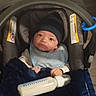 Destin is registered to the contest to win money with this photo: baby, car_seat, blanket, bottle, milk, hat, bib, infant, child, indoor, person, clothing, cute, feeding, resting, seat, soft, warm, newborn, comfort