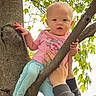 Zoey joined the competition — help win amazing prizes! baby, child, tree, branch, hands, outdoor, leaves, nature, pink_shirt, blue_pants, barefoot, person, skin, face, eyes, expression, holding, trunk, daylight, casual_clothing