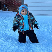 Rudransh is registered to the contest to win money with this photo: toddler, child, snow, winter_clothing, hat, jacket, gloves, outdoor, cold_weather, snow_pants, standing, house, brick_wall, window, curious, winter, footwear, blue_hat, camouflage_jacket, snowy_ground