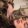 cat, person, face, whiskers, green_eyes, tabby, pet, indoors, portrait, lying_down, cuddling, blanket, cozy, home, furniture, framed_art, carpet, animal, funny, closeup